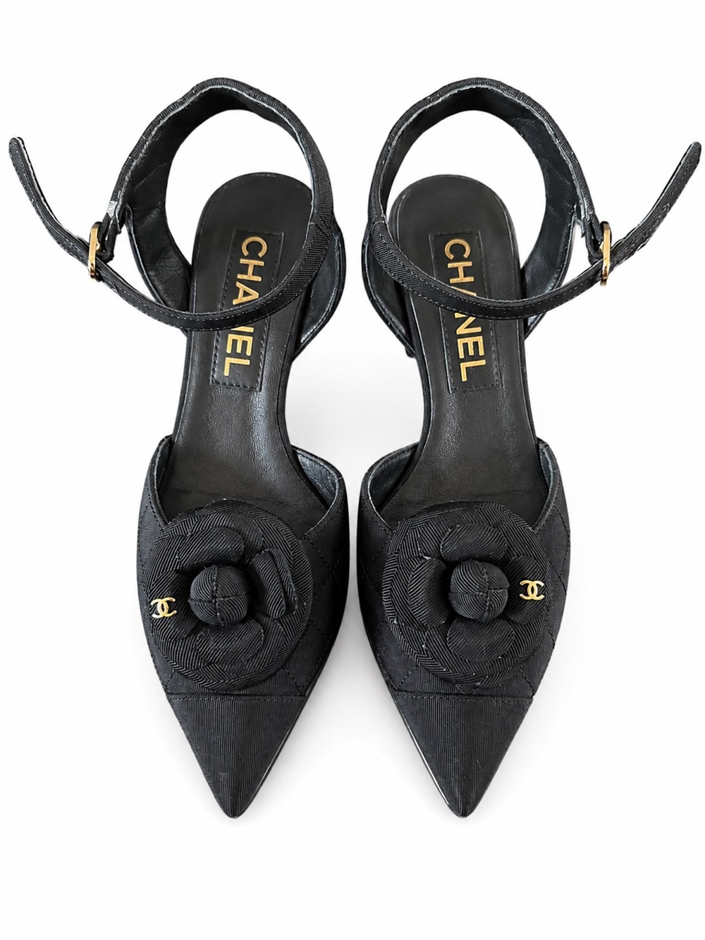 CHANEL Black Camellia Pointed-Toe Ankle-Strap Heels with Gold CC